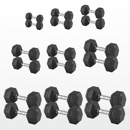 Hex Dumbbells 2.5kg–60kg Sets or Pairs – Rubber-Coated Anti-Roll Weights with Rack or Without – Chrome Knurled Grip for Strength Training at Home Gym