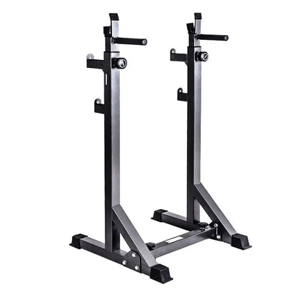 Pair of black and silver weight rack stands on a white background
