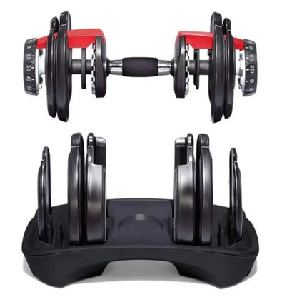 Pair of adjustable dumbbells with a black stand on a white background