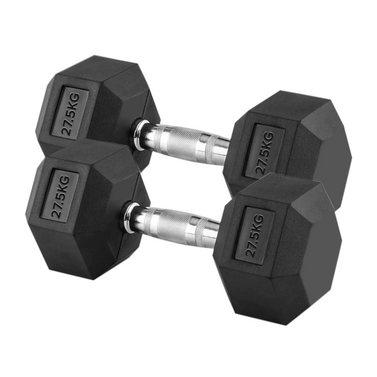 27.5 kg Rubber Coated Hex Dumbbell Pair – Anti Roll Cast Iron Weights with Chrome Knurled Handle for Home Gym Strength Training