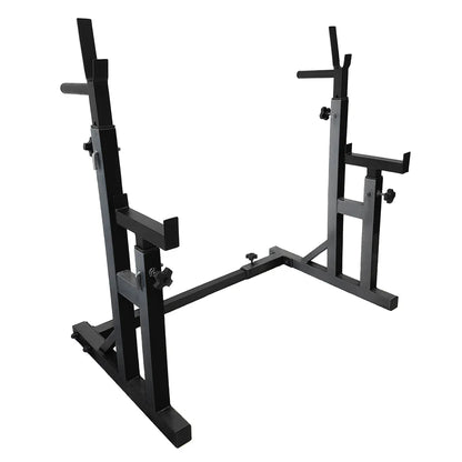 Black metal squat rack on a white background