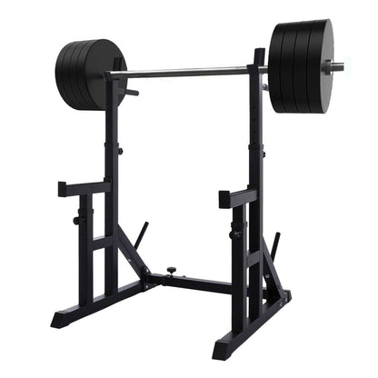 Black weightlifting power rack with barbell on a white background