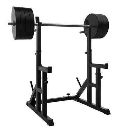 Black weightlifting power rack with barbell on a white background