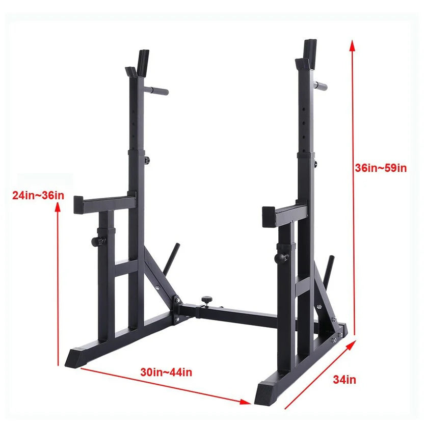 Black squat rack with dimensions indicated by red arrows on a white background