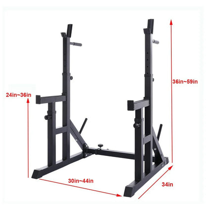 Black squat rack with dimensions indicated by red arrows on a white background