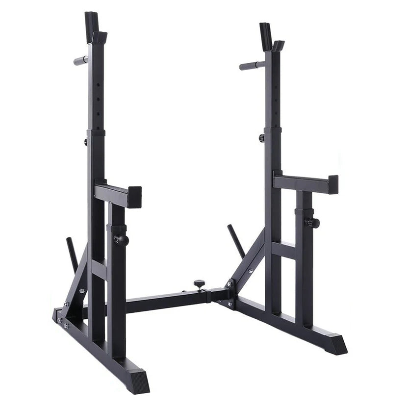 Black metal squat rack on a white background