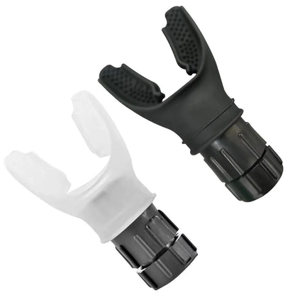 Two black and white plastic nozzles on a white background