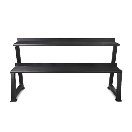 Black metal bench with two shelves on a white background