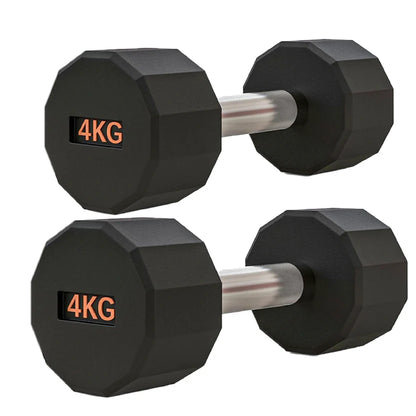 Pair of black hexagonal dumbbells with '4KG' marking on a white background