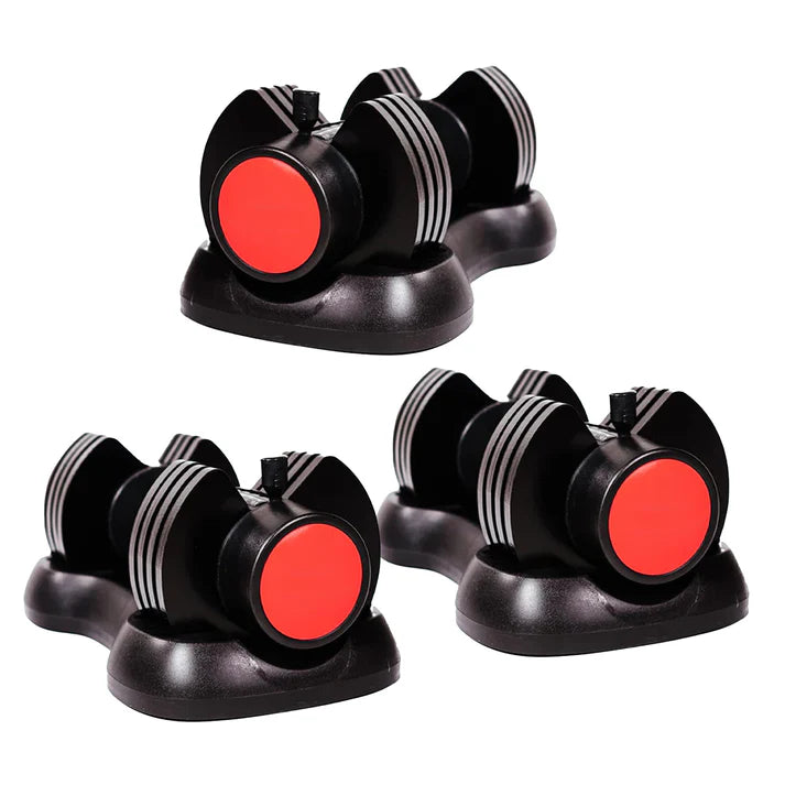 Set of three black and red kitchen knife sharpener devices on a white background