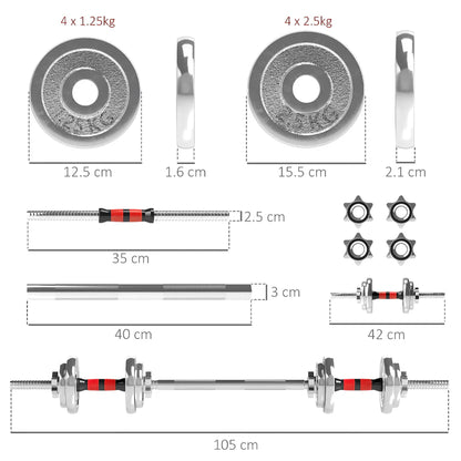 Measurement chart of a barbell set with weights, rods, and attachments on a white background.