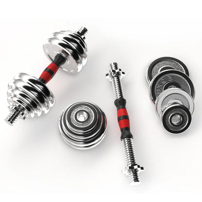 Set of adjustable dumbbells with weight plates on a white background