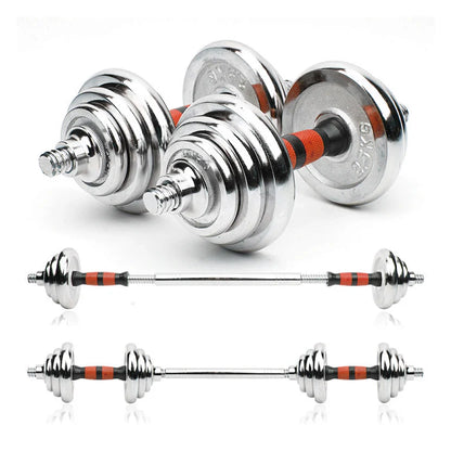 Set of silver dumbbells with red accents on a white background