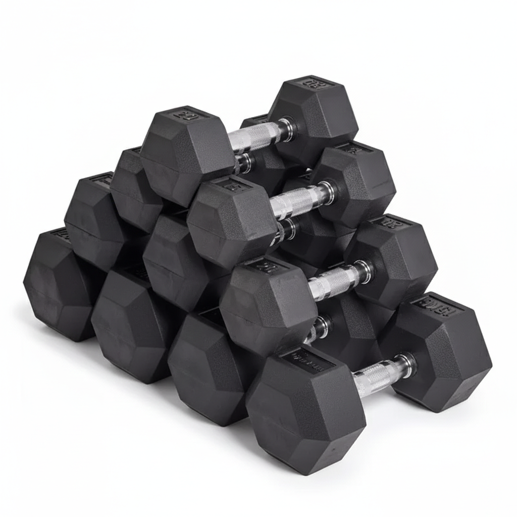Set of black hex dumbbells on a white background