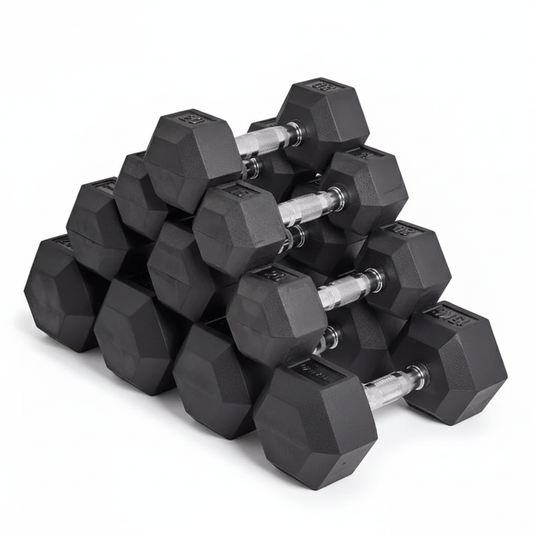 Set of black hex dumbbells on a white background