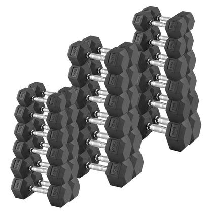 Hex Dumbbells 2.5kg–60kg Sets or Pairs – Rubber-Coated Anti-Roll Weights without Rack – Chrome Knurled Grip for Strength Training at Home Gym