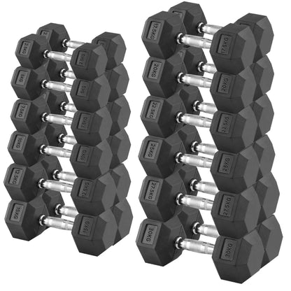 Hex Dumbbells 2.5kg–60kg Sets or Pairs – Rubber-Coated Anti-Roll Weights without Rack – Chrome Knurled Grip for Strength Training at Home Gym