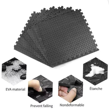 Black foam puzzle mat with EVA material features on a white background