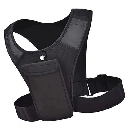Black tactical vest with a pocket on a white background