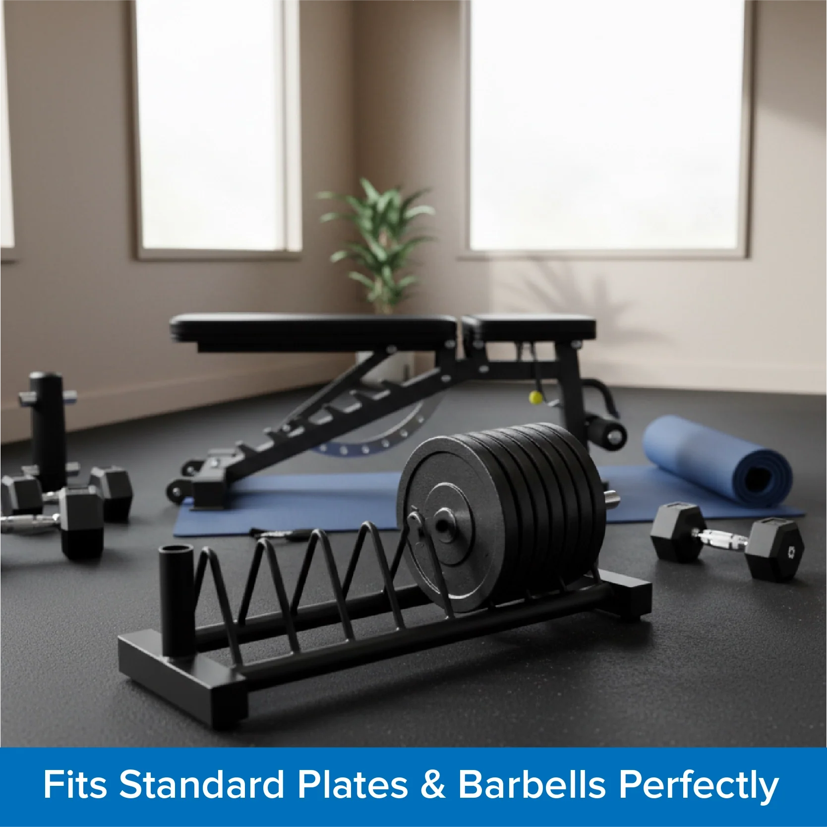 Home gym setup with weight plates, barbell, and bench in a room.