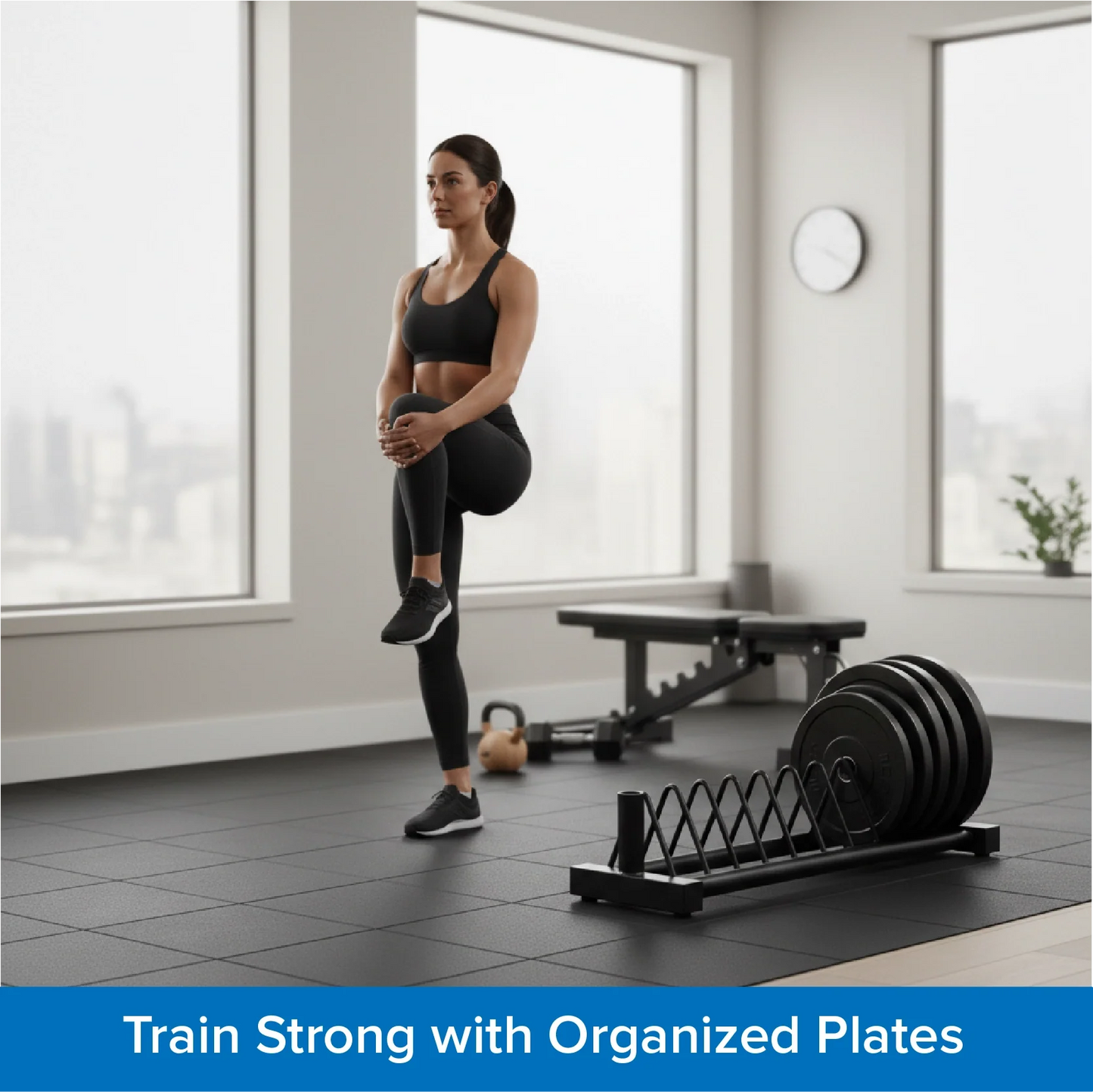 Horizontal Weight Plate Rack, Heavy-Duty Steel Olympic & Standard Plate Storage Holder with Wheels for Home Gym Strength Training