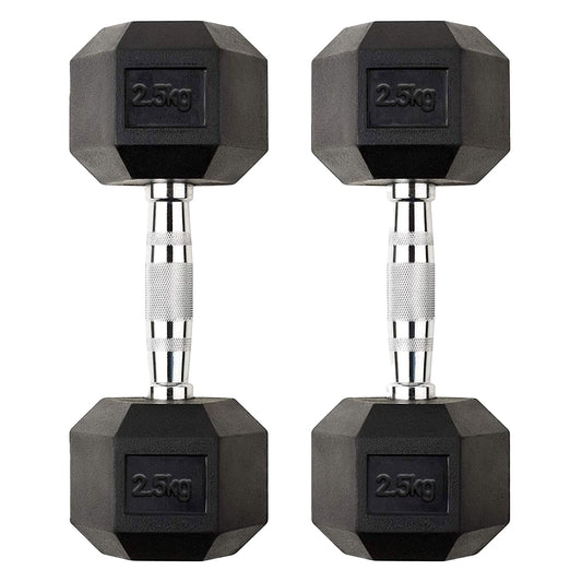 Compact 2.5 kg Rubber Coated Hex Dumbbell – Solid Cast Iron, Anti Roll Design, Knurled Chrome Handle for Strength Training in Home or Garage Gym