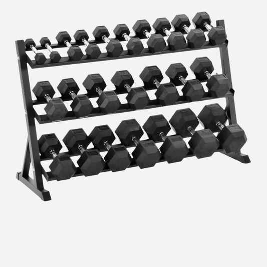 Hex Dumbbell Set with Optional 3-Tier Rack – Rubber-Coated Anti-Roll Dumbbells (2.5kg–30kg) for Strength Training in Home Gym or Studio