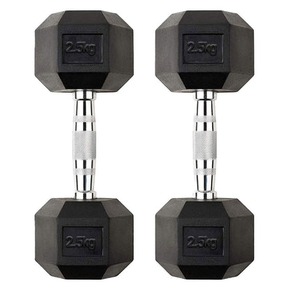 Hex Dumbbells 2.5kg–60kg Sets or Pairs – Rubber-Coated Anti-Roll Weights with Rack or Without – Chrome Knurled Grip for Strength Training at Home Gym