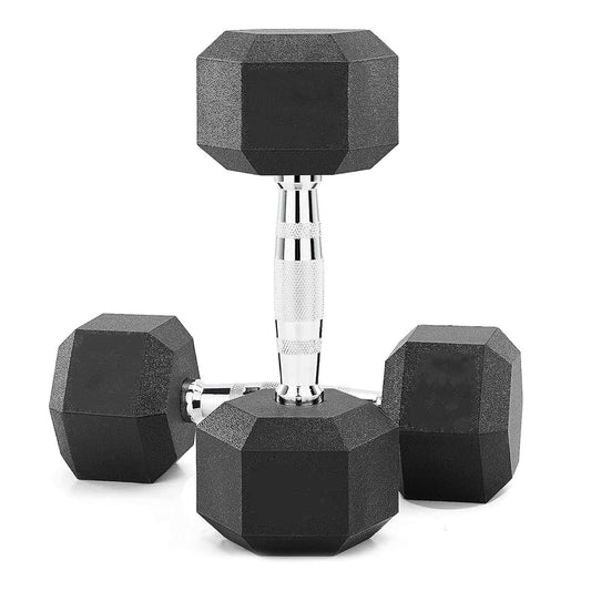 Hex Dumbbells 2.5kg–60kg Sets or Pairs – Rubber-Coated Anti-Roll Weights with Rack or Without – Chrome Knurled Grip for Strength Training at Home Gym