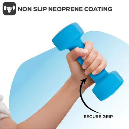 Blue dumbbell with non-slip neoprene coating held by a hand, emphasizing secure grip.