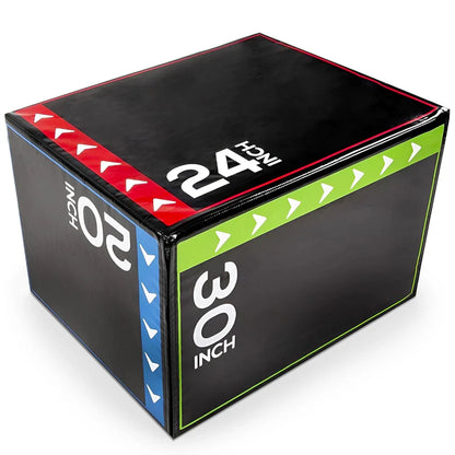 Black exercise box with colorful sides displaying dimensions on a white background