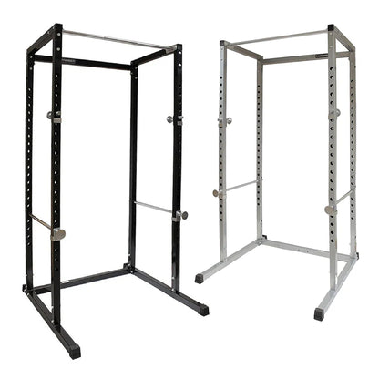 Black and silver power rack on a white background