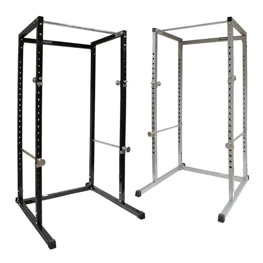 Black and silver power rack on a white background