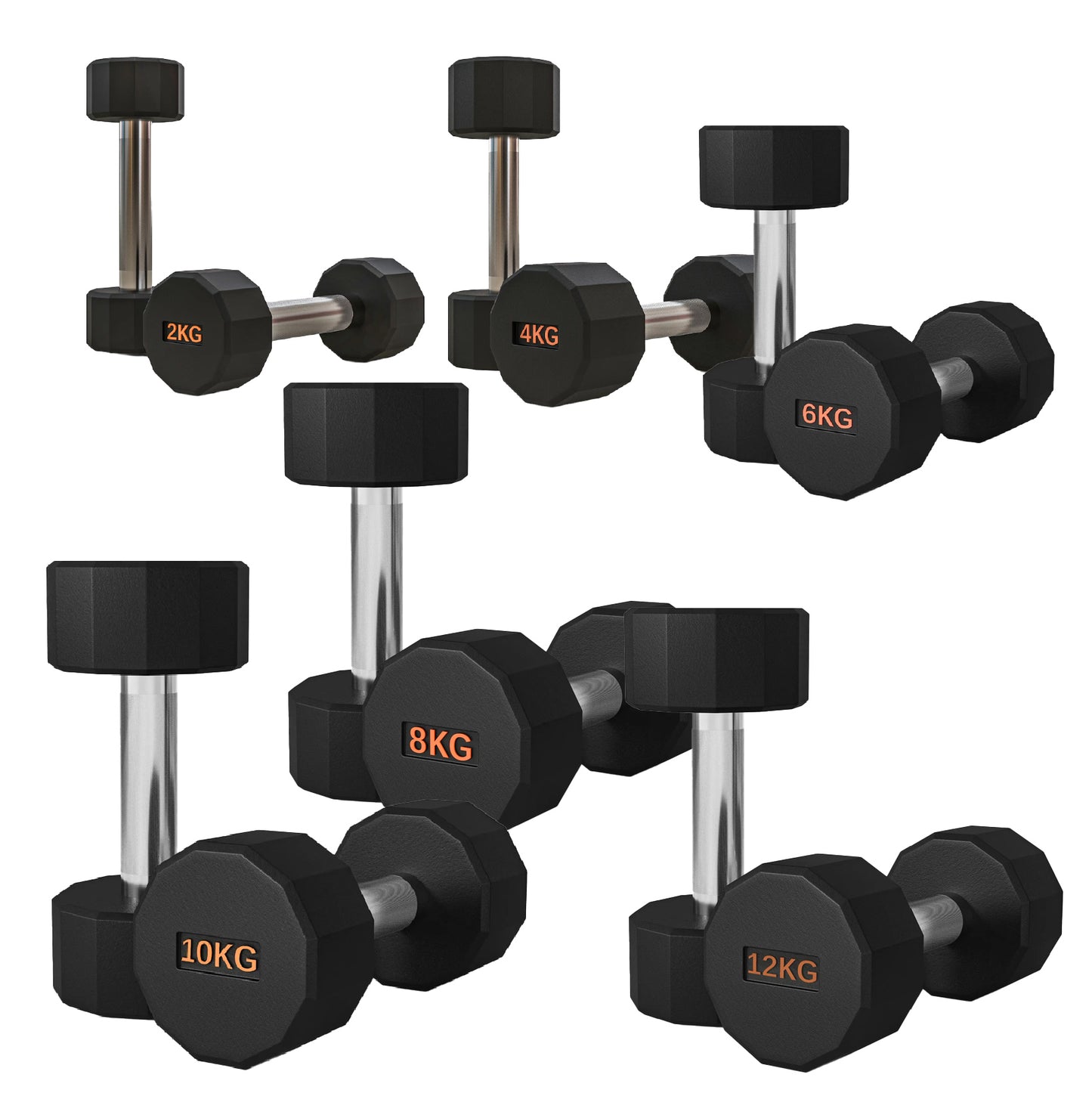 Set of black dumbbells with weight markings on a white background