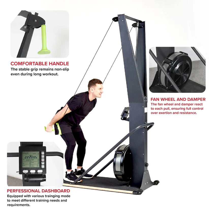 Exerciser with features highlighted, including a comfortable handle, fan wheel and damper, and professional dashboard.