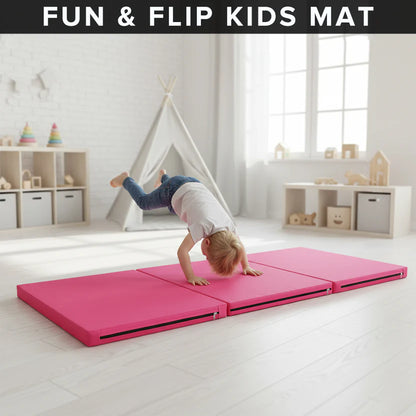 Pink kids mat with child doing a handstand in a bright room.
