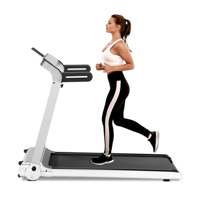 Woman running on a treadmill with a white background
