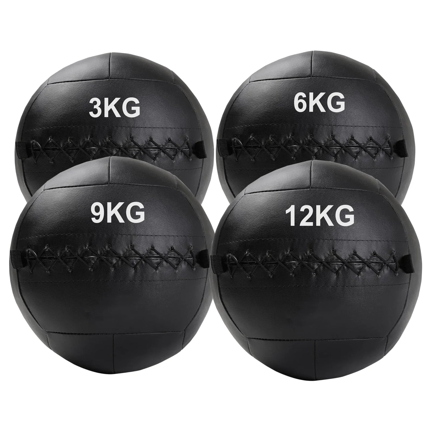 Four black weighted medicine balls with weight markings on a white background