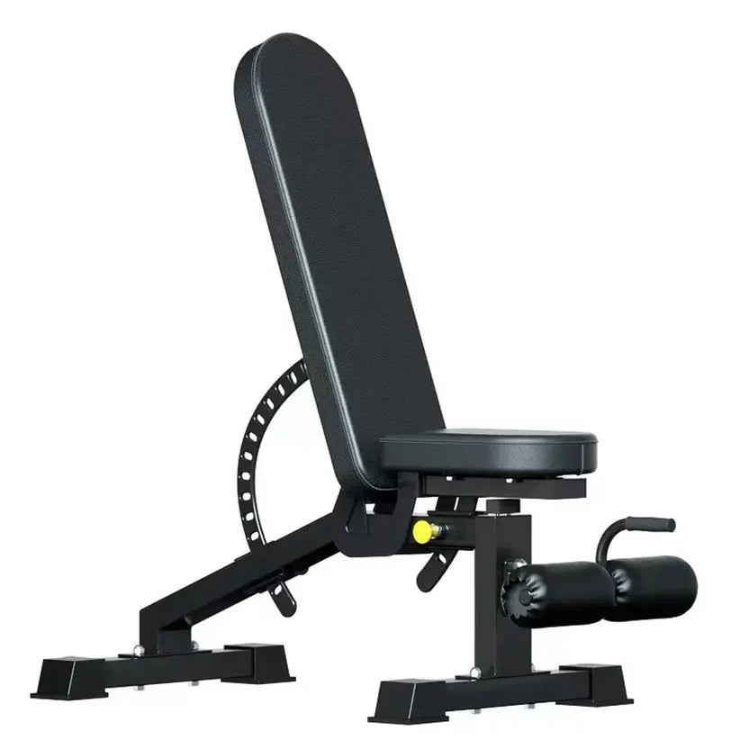 Black adjustable weight bench on a white background