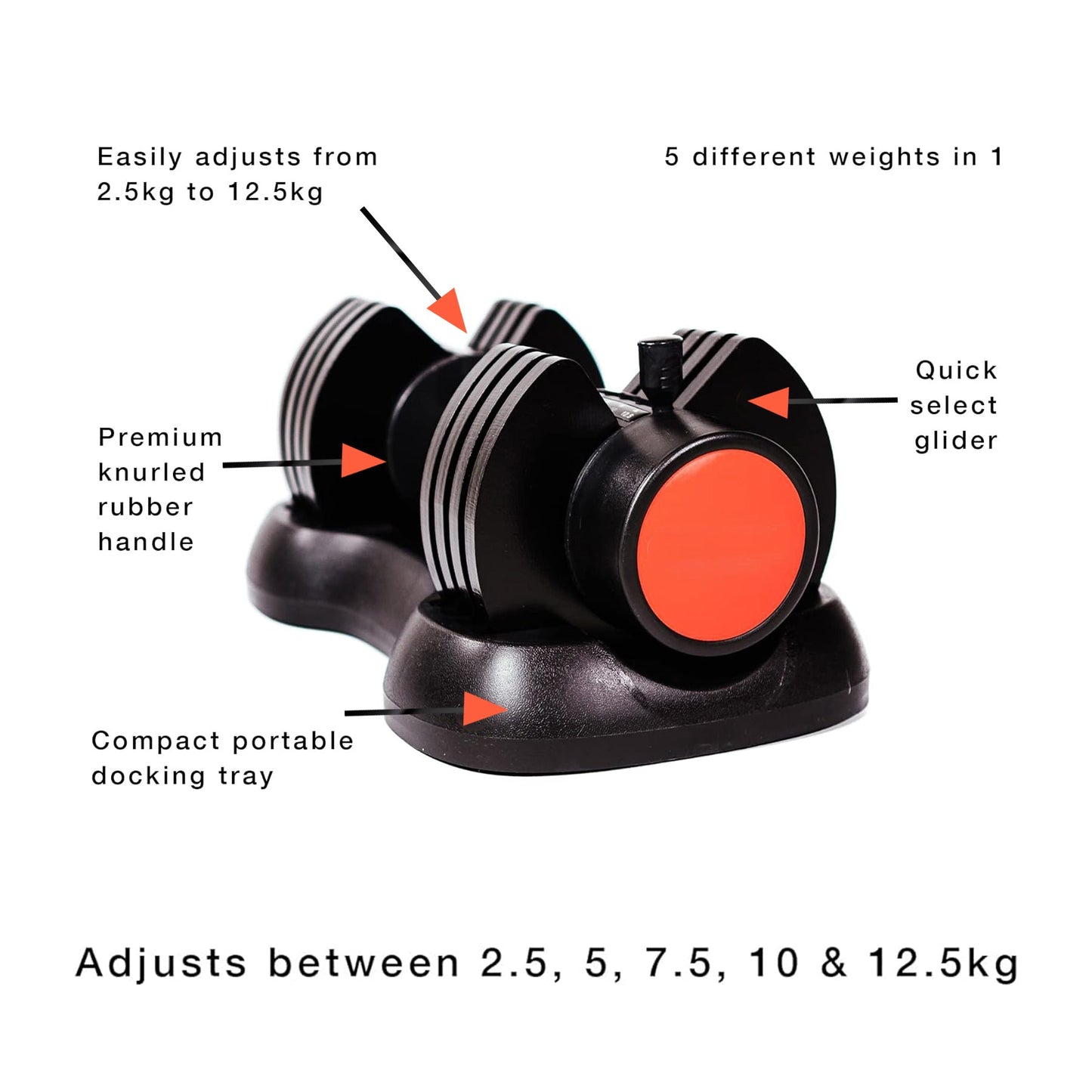 Pair of 12.5kg Dynamic Adjustable Dumbbells – 5-in-1 Weight Options | 2.5kg–12.5kg with Fast-Lock Mechanism | Space-Saving Strength Kit for Total Body Training at Home or Gym Setup