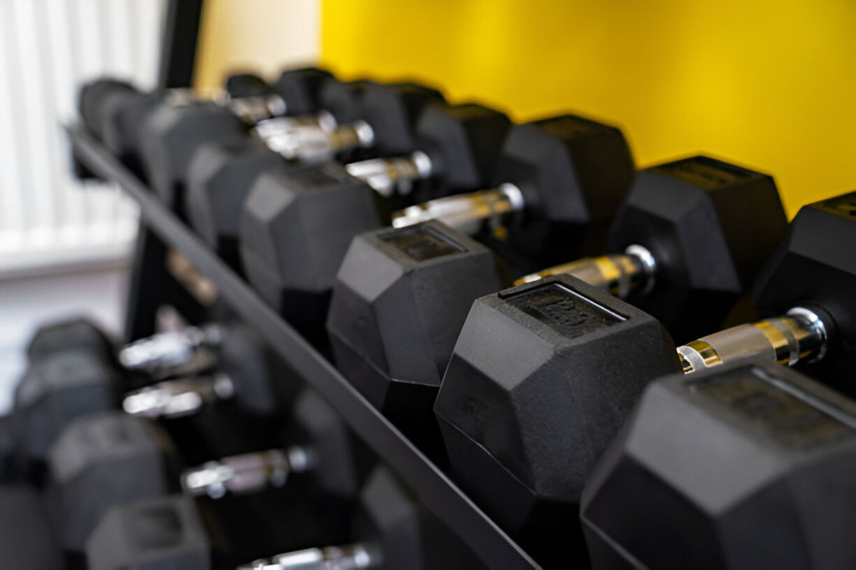 Hex Dumbbells 2.5kg–60kg Sets or Pairs – Rubber-Coated Anti-Roll Weights with Rack or Without – Chrome Knurled Grip for Strength Training at Home Gym